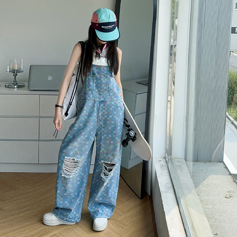 

Child Plaid Strap Bib Jeans Jumpsuit for Teenage Girl Fashion Ripped Denim Suspender Overalls Kids Stylish Dungarees With Holes