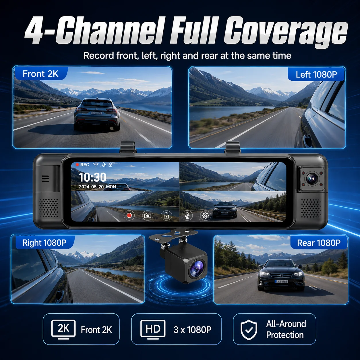 4 Channel  11'' Dash Cam Front 2K + 3x1080P Car DVR Mirror Recorder WiFi APP Rear Camera Reverse Assist