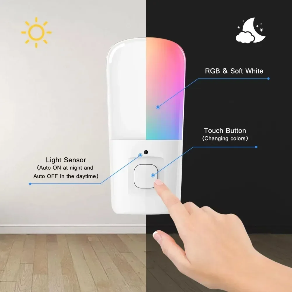 Melery Night Light Bulbs EU Plug 0.5W Low Power Sensor Control RGB Plug-in Color Changing Susk To Dawn Home Office Lamp Creative