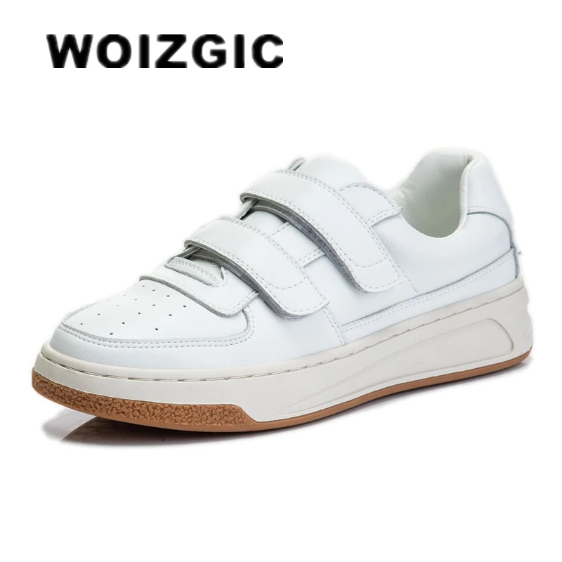 WOIZGIC Women's Female Woman Students Genuine Leather Shoes Flats Platform Sneakers Hook Loop Spring Vulcanized Shoes