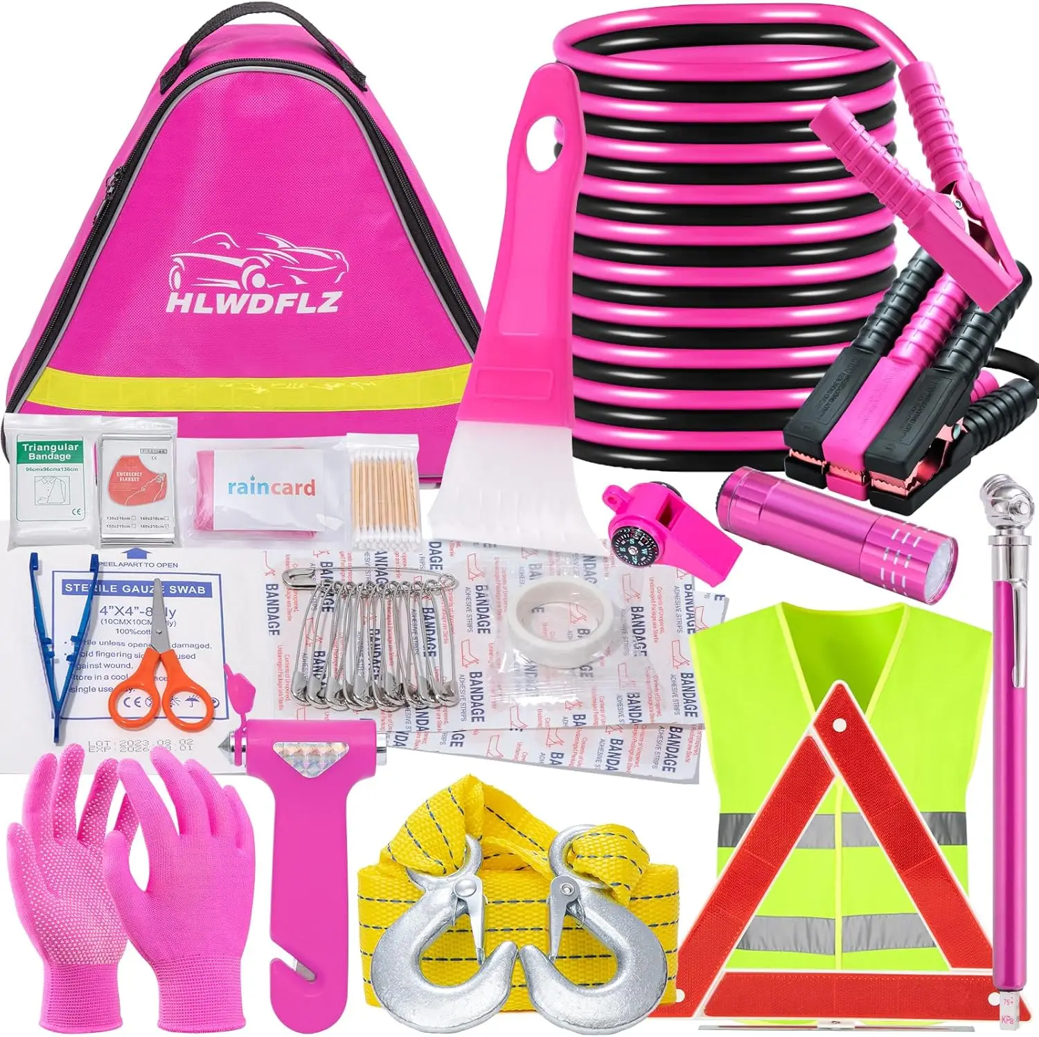 

Pink Car Emergency Kit with Jumper Cables, Reflective Triangle, Deer Whistles for Women and Teens