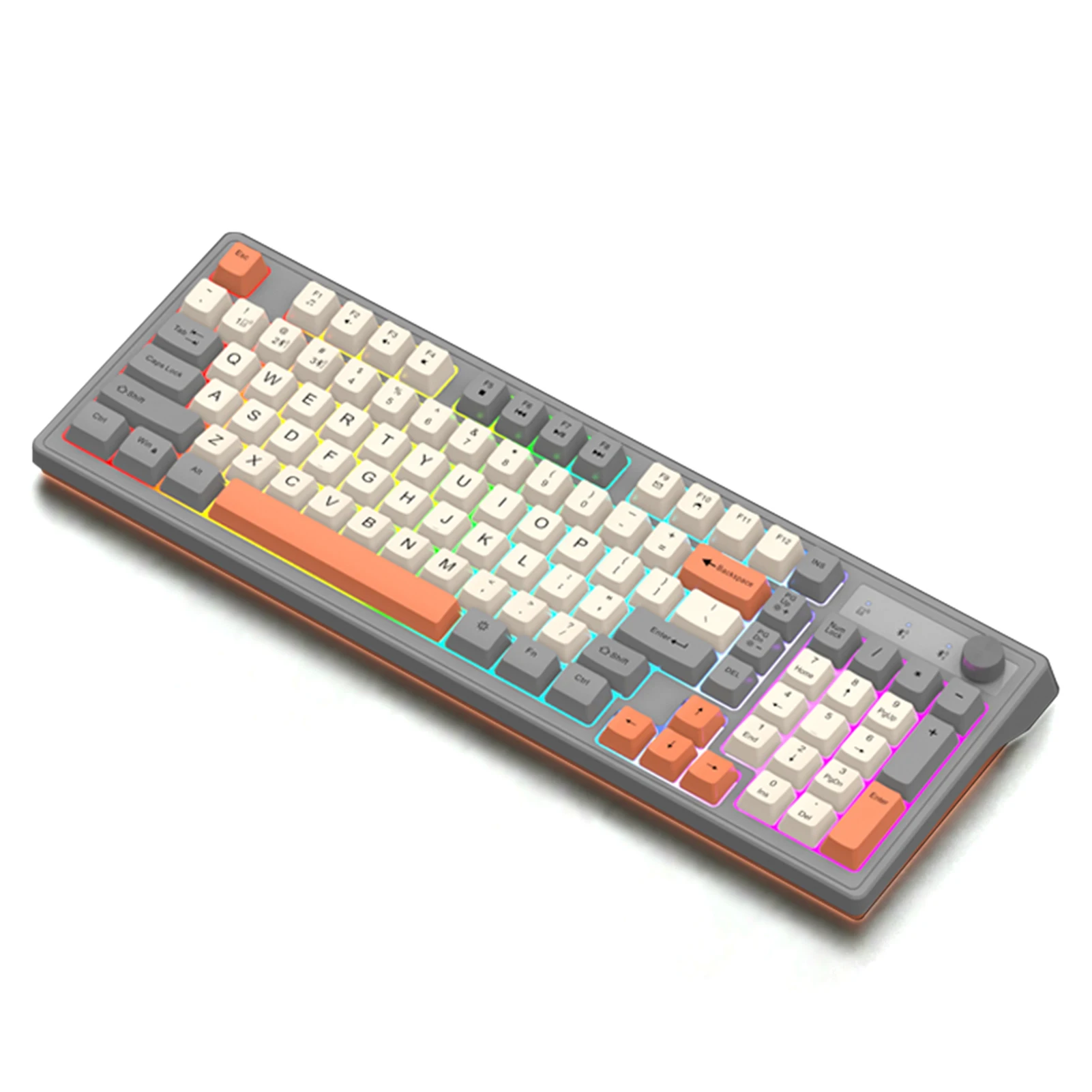 Teclado sem fio 2.4G Teclado mecânico BT de 98 teclas com teclado recarregável retroiluminado com botão de controle de volume para computador