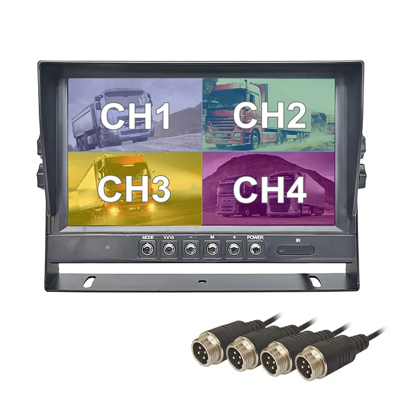

DIYSECUR 9“ CVBS 4CH 4 Split Quad Screen Display Backup Rear View Car Monitor for Car Truck Bus Reversing Camera 12V-24V DC