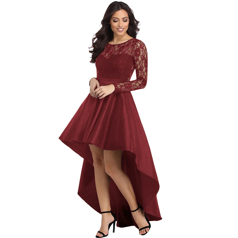 Neue Frühjahr Elegante Kleider für Frauen Lange Hülse Spitze High Low Satin Prom Abendkleid Cocktail Party Kleider Vestido Feminino