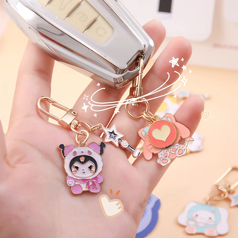 Sanrio Alloy Cartoon Keyring, Figuras Anime, melodia, Kuromi, Cinnamoroll, doce bonito Keychain, encantos saco, pingente, chaveiro do carro