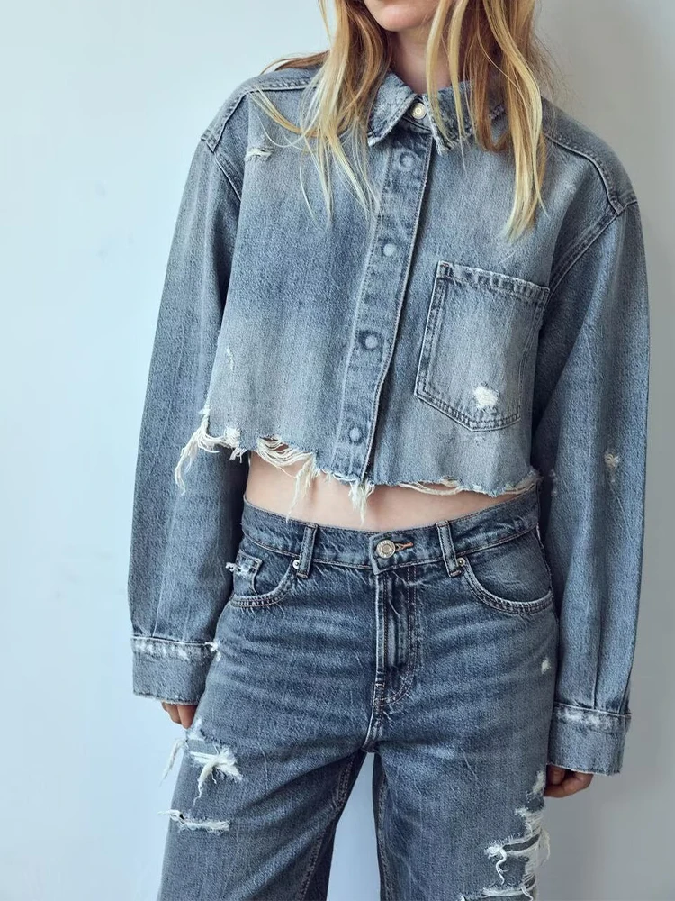 منتجات صيفية جديدة على الطراز الأوروبي والأمريكي ملابس نسائية بفتحة قصيرة من قماش الدنيم وسترة جينز مستقيمة متوسطة الخصر #1