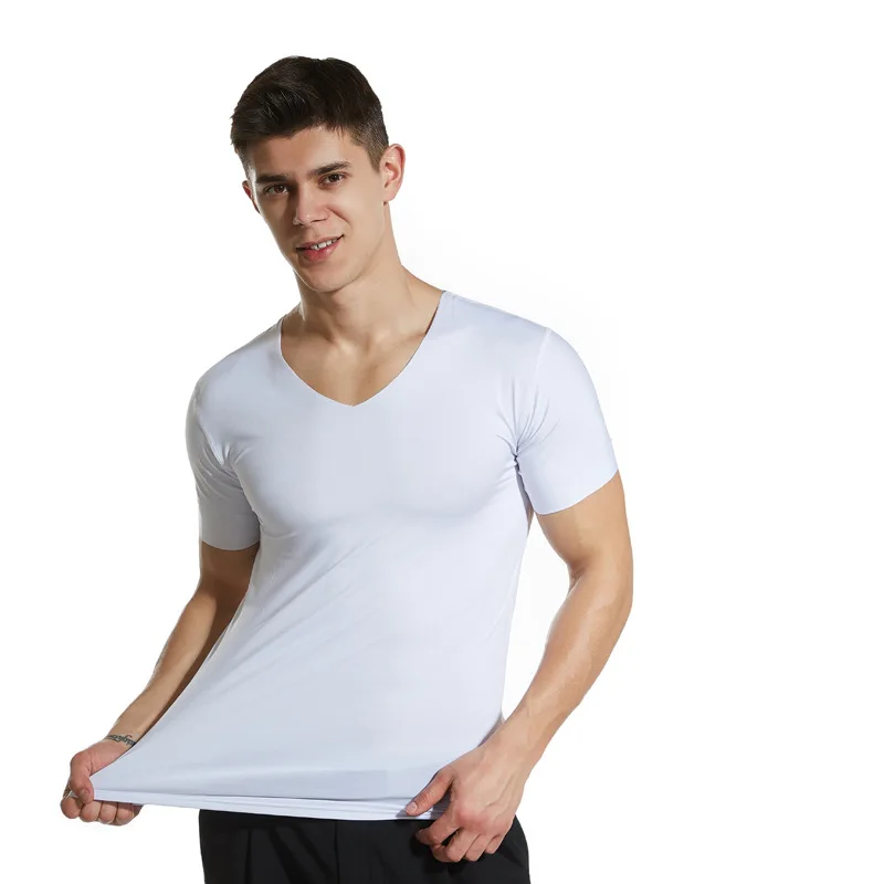 2023 Summer New Ice Silk Seamless T-shirt Men's Short-sleeved Men's V-neck Fitness Sweatshirt Sports Top Trend