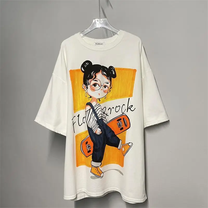 Large Size Short Sleeve T Shirt Women Loose Summer Y2k Casual Korean Lovers Cartoon Trend Skateboard Girl Plump Covering Tops