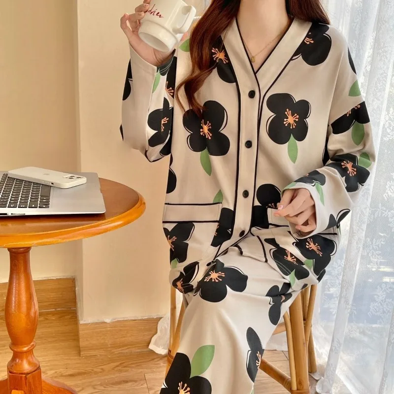 Ensemble de pyjama imprimé à manches longues pour femmes, vêtements de nuit à col en V, vêtements d'intérieur décontractés, printemps, automne, nouveau, 2024