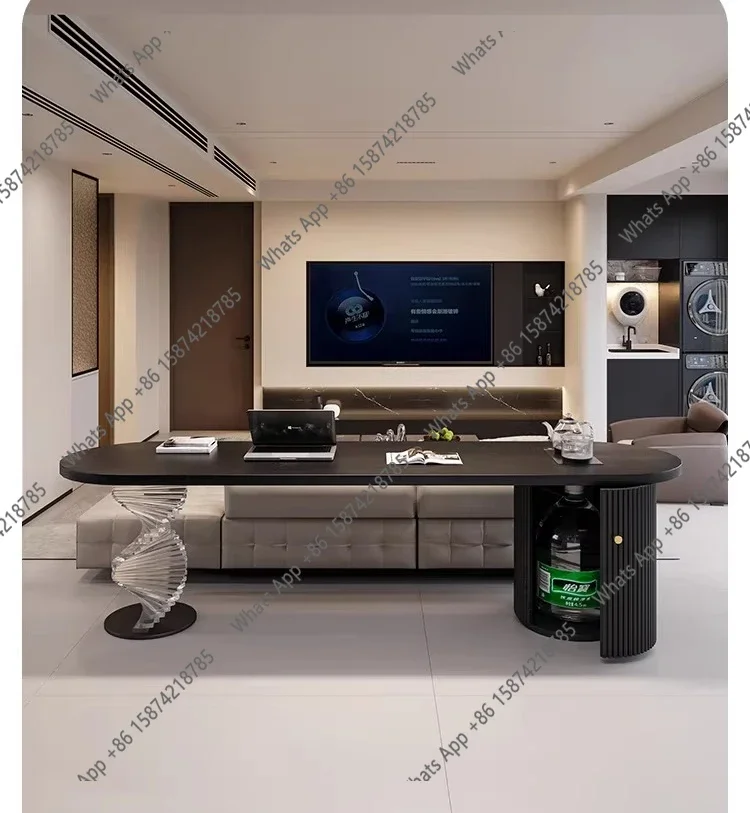 N62 Round black solid wood desk, tea table, integrated household living room, oval Italian minimalist sofa, long table behind
