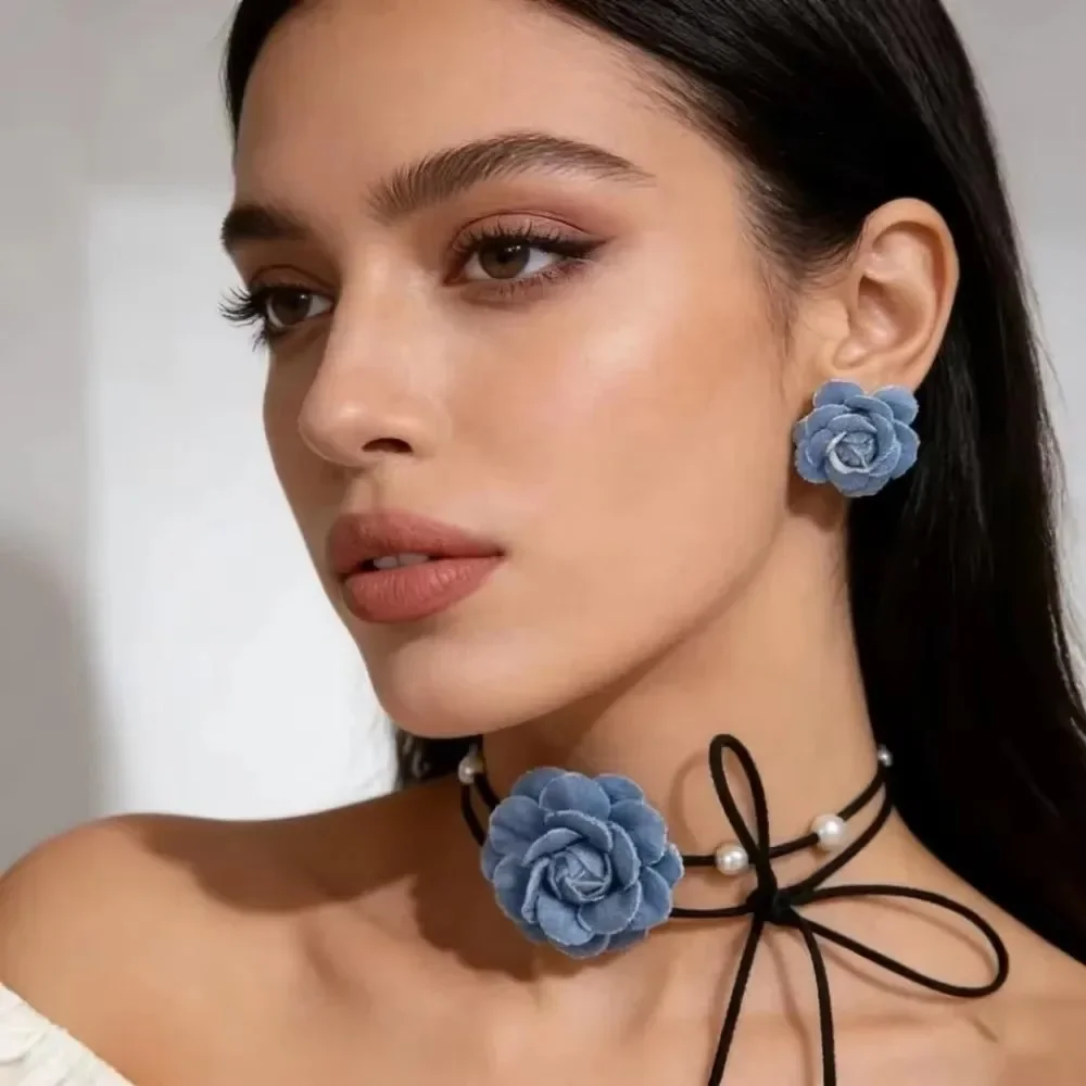 Lace Up Rope Chain Jewelry Set Denim Flower Choker Earrings Trendy Women Casual Dating Accessories