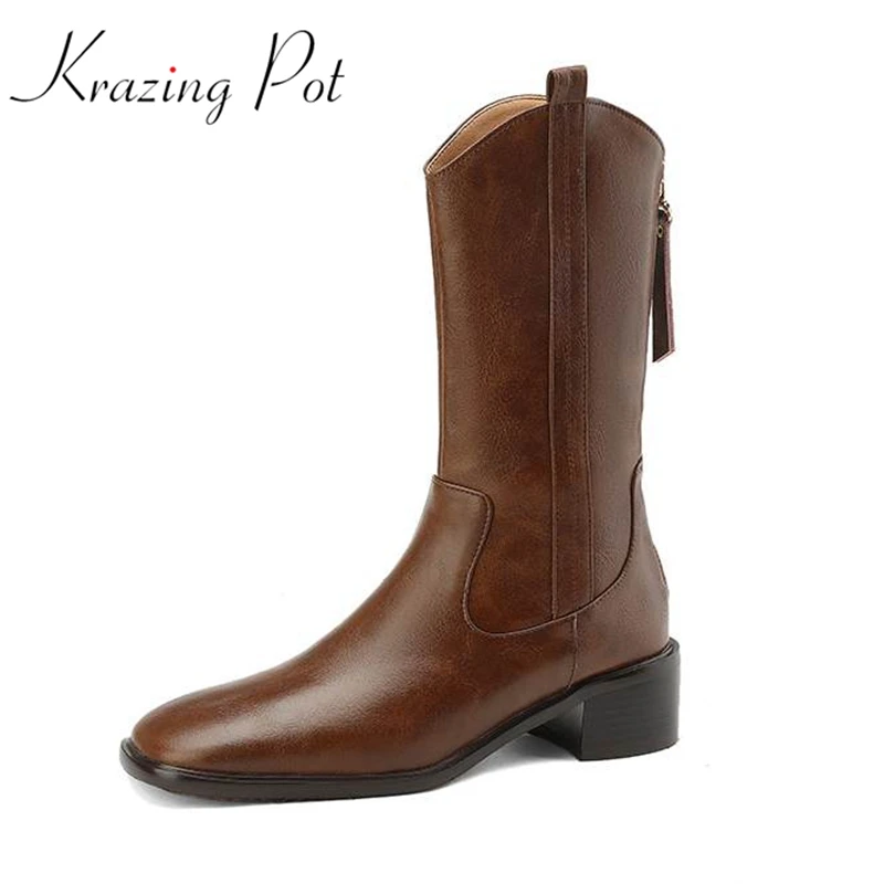 

Krazing Pot New Cow Leather Round Toe Thick Heels Winter Keep Warm Western Boots British School Fashion Superstar Mid-calf Boots