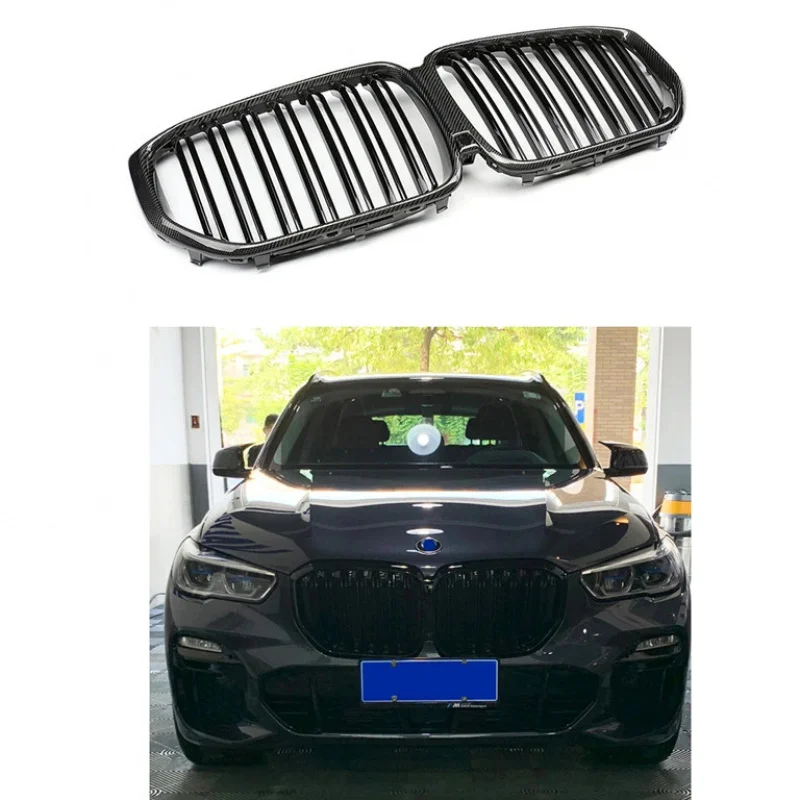 

High Quality Carbon Fiber Glossy Black Double Line Style Bumper Grille for BMW X5 G05 2019+ Front Kidney Grill