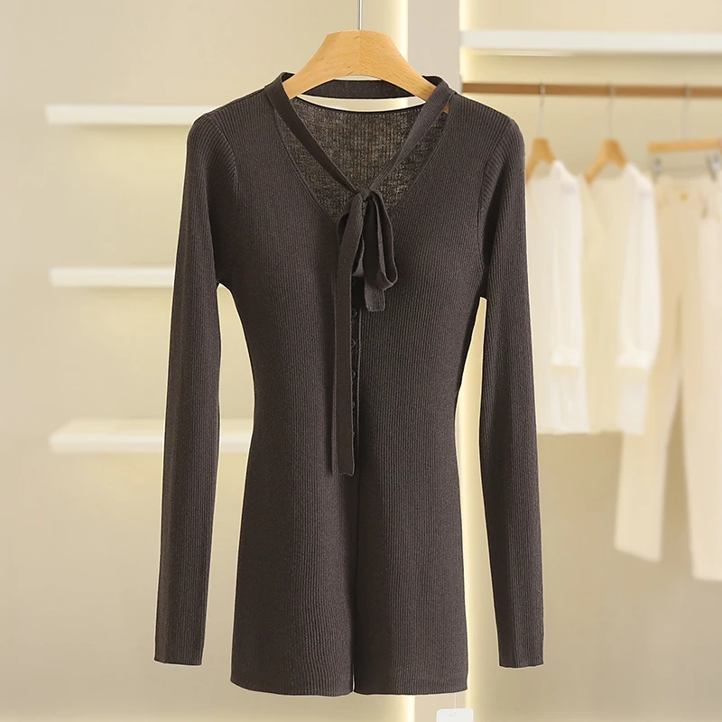 سليم صالح لون نقي محبوك سترة مفتوحة المرأة Faion تخفيف Sle زر واحد التعادل الخصر الخامس Ne Long Sve سترة #2