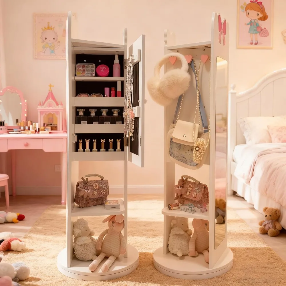 

43.5" Jewelry Armoire Cabinet with Clothes Rack, Cute Bow-shaped 360° Rotatable Full Length Mirror with Jewelry Storage