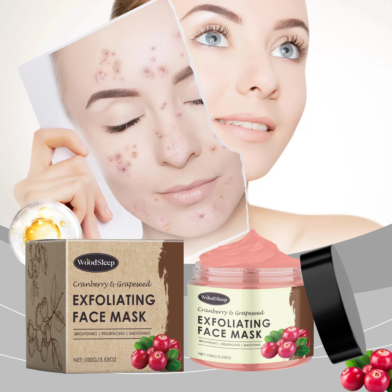 Cranberry- und Grapeseed-Peeling-Gesichtsmaske – Aufhellung und Erneuerung für stumpfe Haut – 100 g/3,53 Unzen Zoll