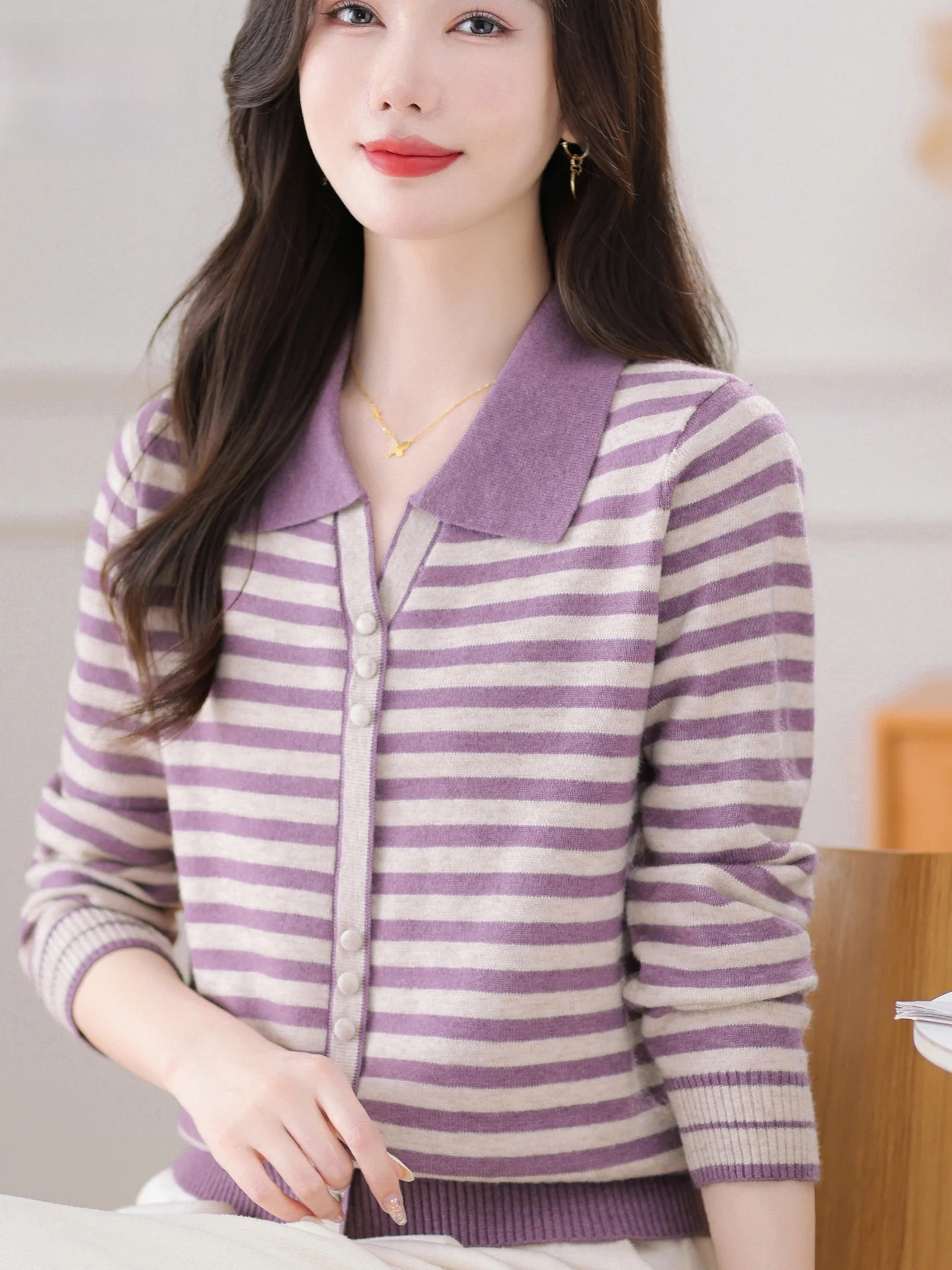 

Осенне-зимний полосатый трикотаж с отложным воротником для женщин среднего возраста и изысканный высококачественный свитер Base irt