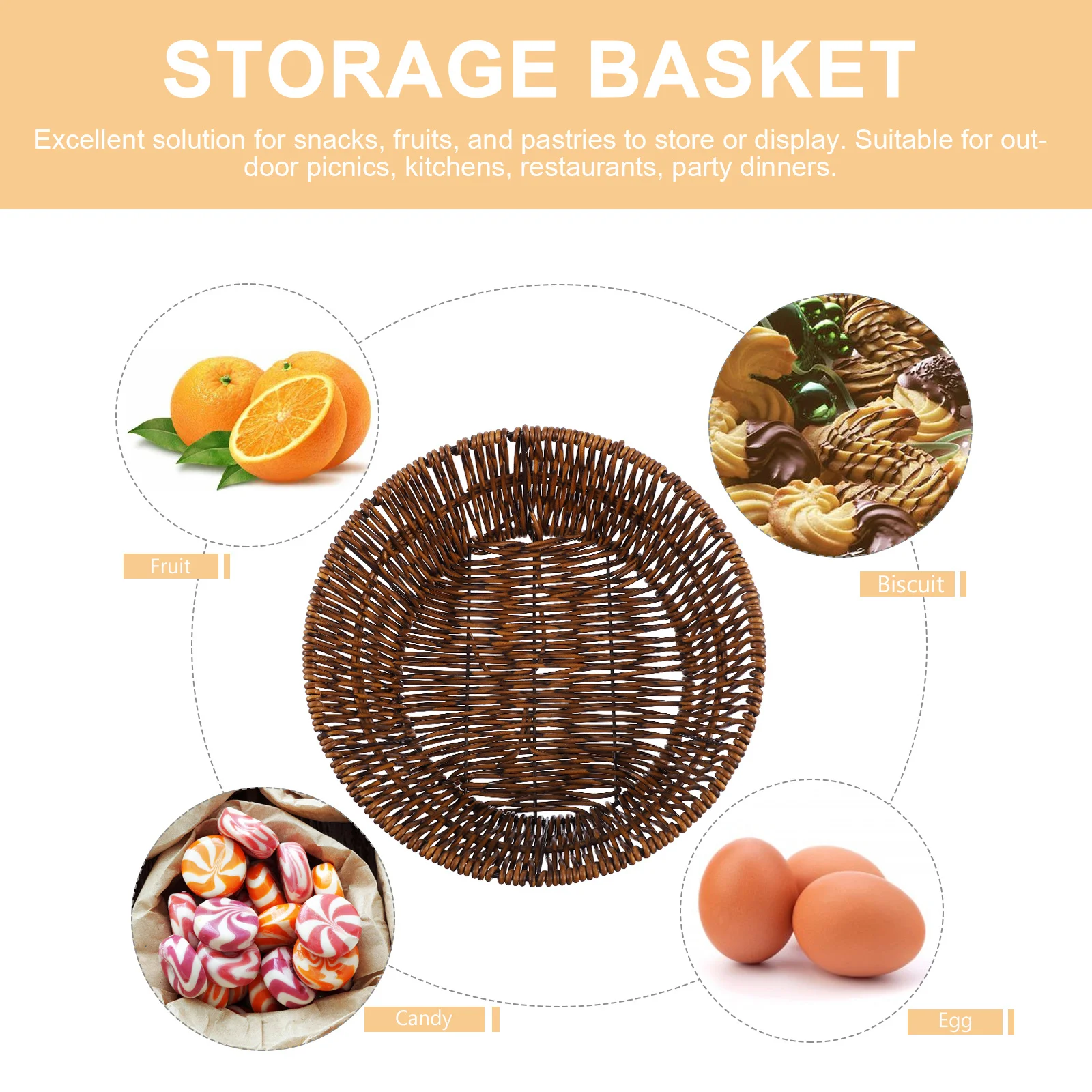 

Woven Storage Basket Home Round Shape Simple Natural Design Iron Plastic Material Food Snack Vegetable Bread Organizer