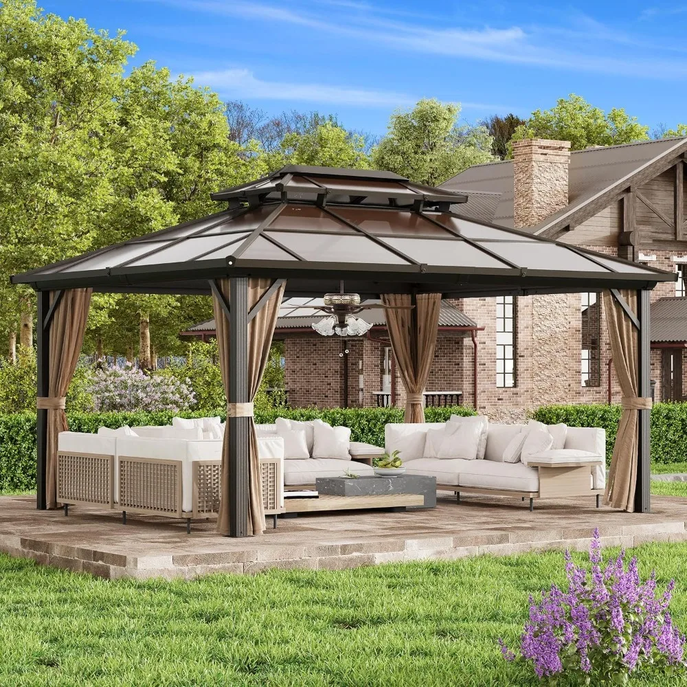

12'x16' Hardtop Gazebo, Outdoor Polycarbonate Double Roof Canopy, Aluminum Frame Permanent Pavilion with Curtains, Customized