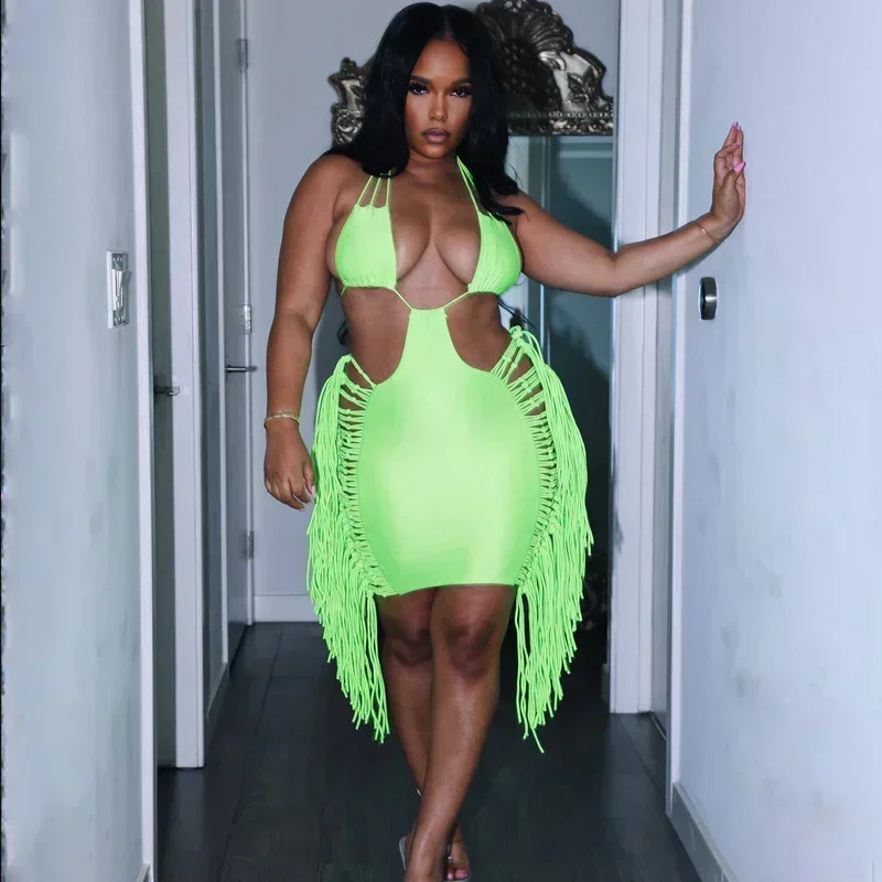 GUWU ノースリーブ ホルターネック カットアウト フリンジ ドレス オフショルダー パーティー ナイトドレス フェスティバル衣装 クラブウェア