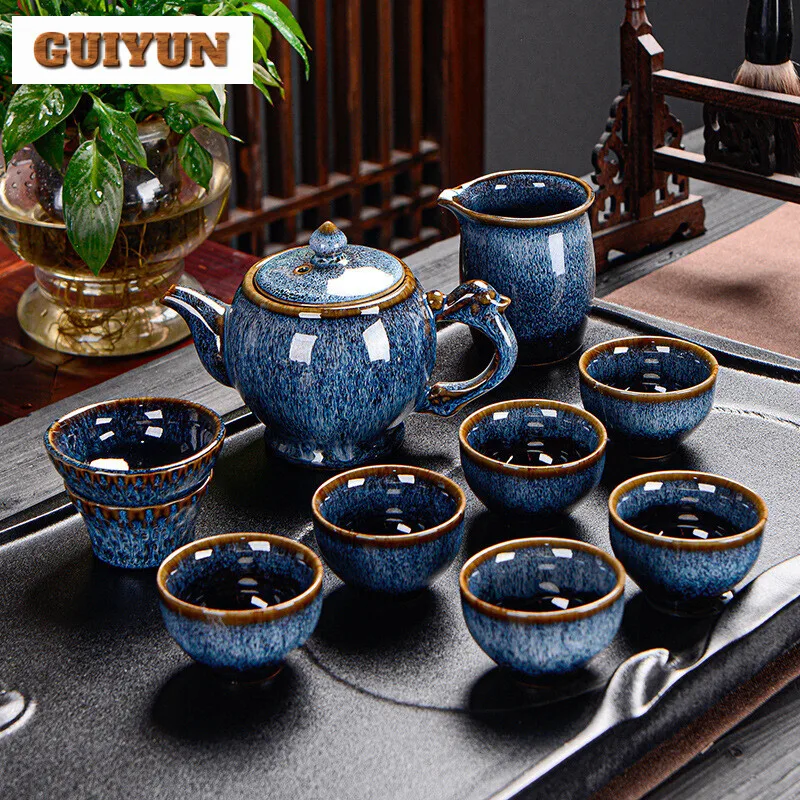 

Kung Fu Tea Set Luxury Household Retro Ceramics Office Commerce Ru Kiln Kungfu High-end Chinese Tea Set With Cups and Kettle Bar