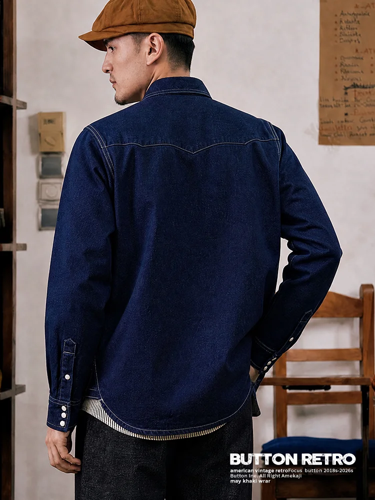 2026 Autumn New American Retro Heavyweight Long-sleeved Turn-down Collar Denim Shirt Men's Fashion Washed Casual Cargo Blouses