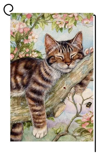 Вертикальный двусторонний садовый флаг BLKWHT Spring Cat Garden Flag 12x18 с розовым цветочным узором в стиле фермерского дома... HHJ LLG
