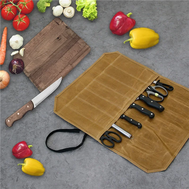 Chef Knife Roll Bag Portable Waxed Canvas Kitchen Tool Storage Pocket Bag Multifunctional 7 Slot Scabbard Storage Organizer