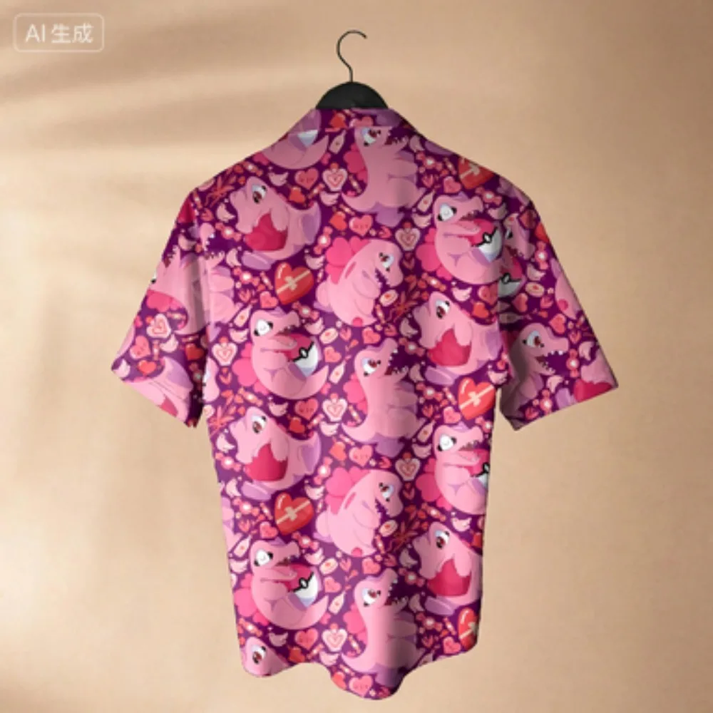 Romantic Love Floral Little Fire Dragon Shirt, Sweet and Spicy, Popular Couple's Versatile Loose Short Sleeve Shirt