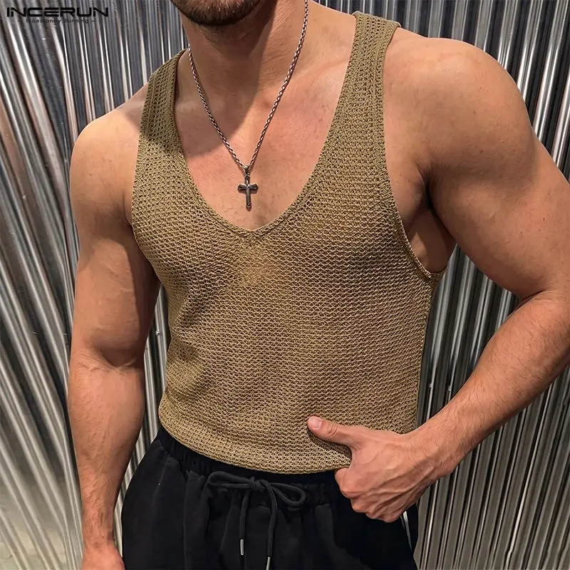 INCERUN Herren Tanktops Einfarbig Gestrickt Durchsichtig V-Ausschnitt Ärmellose Männerwesten Sommer Streetwear Mode Lässige Herrenkleidung