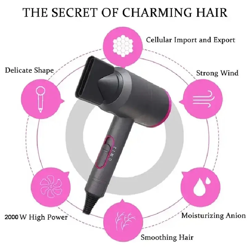 Hair Dryer Professional Negative Ion 2000w Household Salon Dryer Fast Blowing  Cold and Hot Air With Diffuser 3 Nozzles