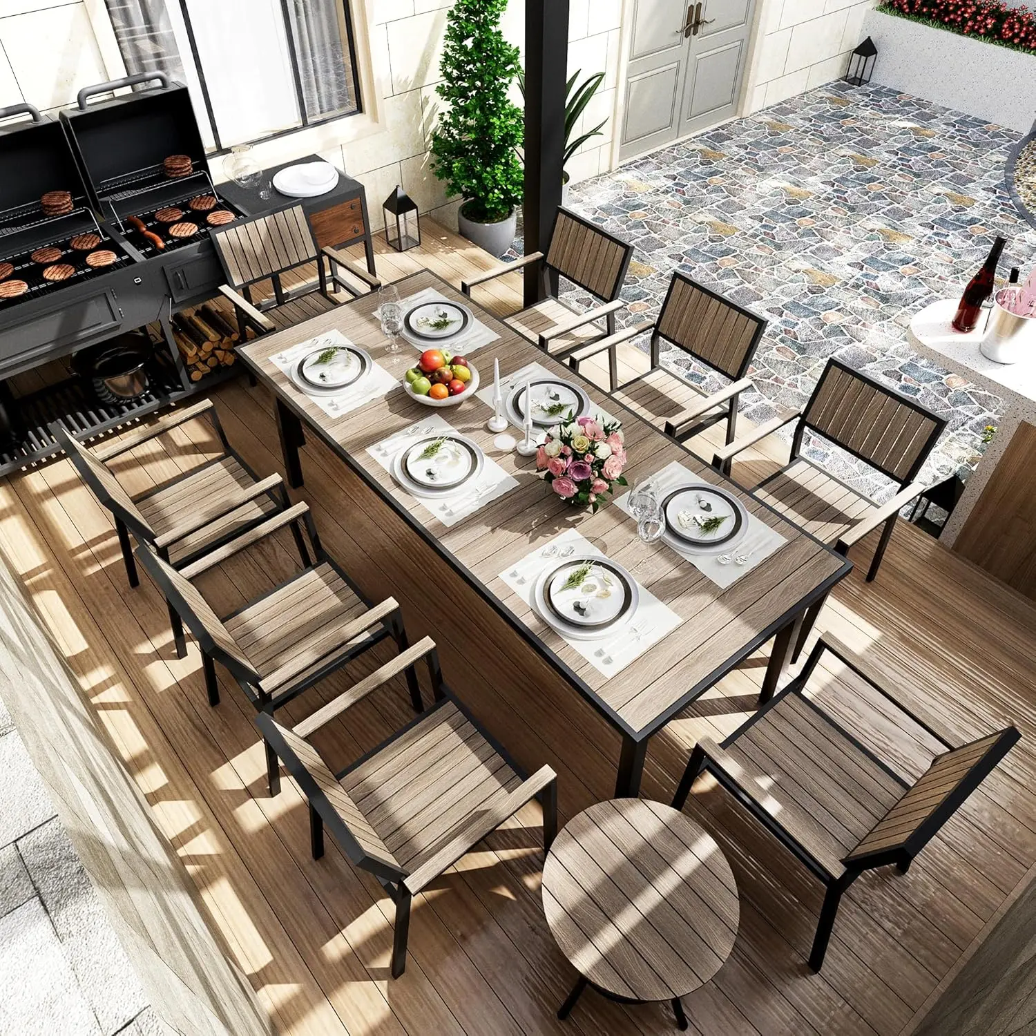 

10-Piece Patio Dining Set，Outdoor Aluminum Furniture Set with Plastic-Wood Table Top,Outdoor Furniture Set with 8 Outdoor Chairs