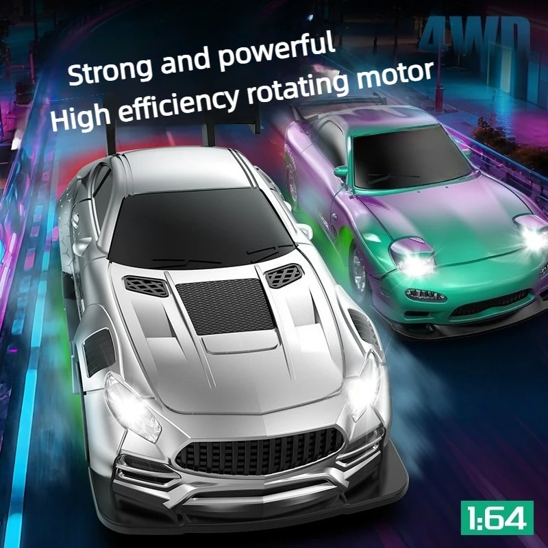 1/64 RC Drift Car 2.4GHz Stepless Speed 4WD High Speed LED Lights Rechargeable Desktop Electric Racing Toy for Kids Boys