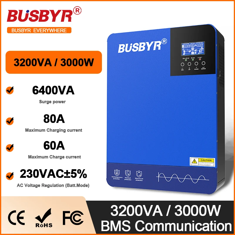 Imagem -02 - Busbyr-inversor Solar Híbrido 3000w 6200w 24v 48v Onda Senoidal Pura 230v 3kw 24v Off Grid Inversor Construir em 120a Mppt Carregador Solar