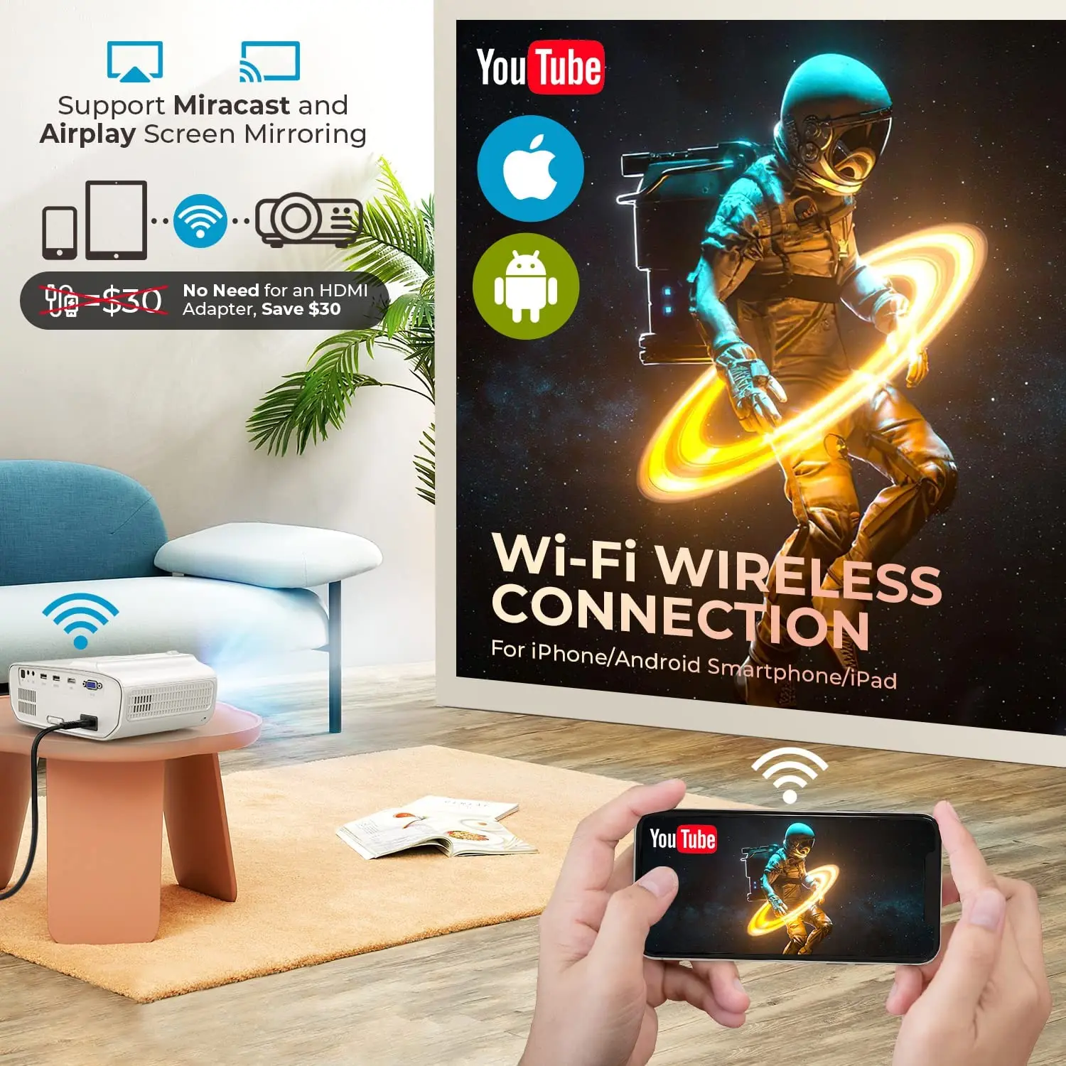 ¡Arriba! Proyector P69 Full HD 1080P Video 8500 lúmenes Miracast Video cine en casa para teléfono Compatible con HDMI WiFi Bluetooth