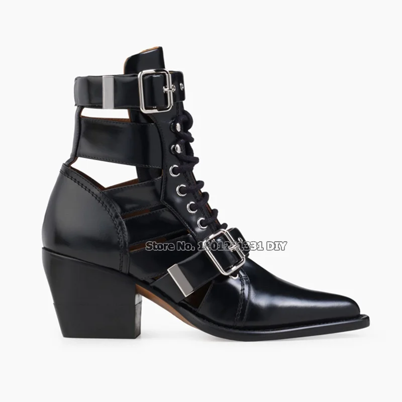 

Metal Buckle Real Leather Lace Up Short Boots Women Cut Out Designer Chunky Heeled Spring Autumn Ankle Boots Plus Size