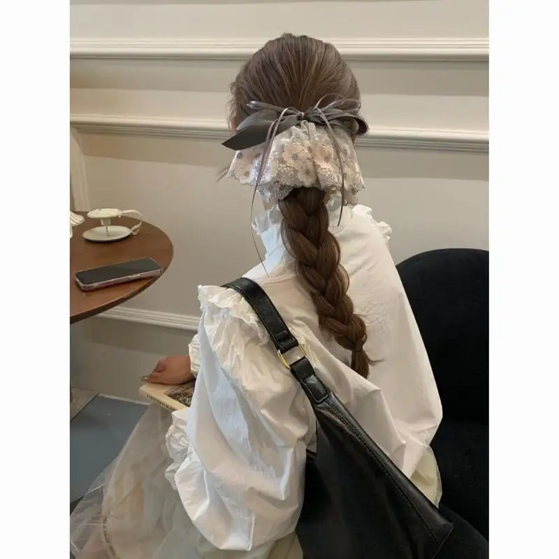 Koreanische Spitzen-Haarspange mit Schleife für Damen, Vintage Blumen-Haarklammer, Halber Pferdeschwanz-Haarnadel, Süße Haaraccessoires, Mädchengeschenk – Detail 3