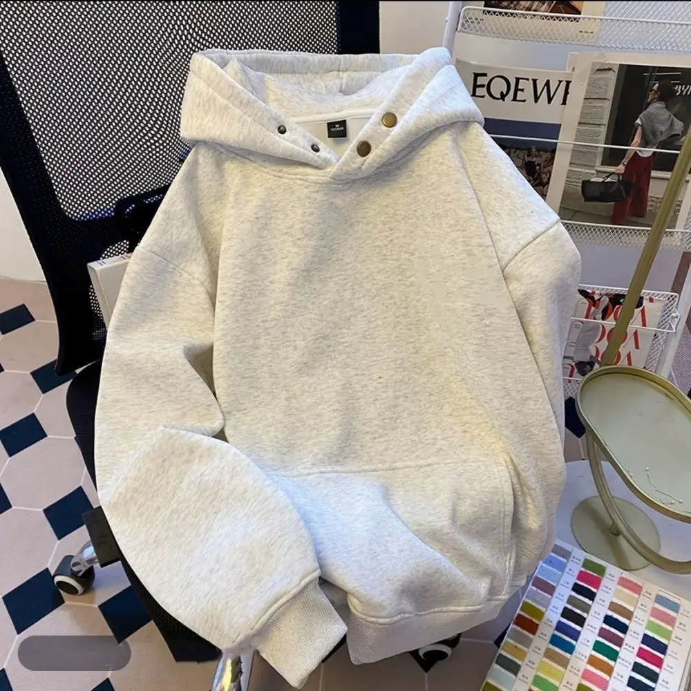 

American Retro Velvet High Street Button Hooded Sweatshirt Loose Fitting Men's And Women's Autumn/winter Hoodie Worn Outside