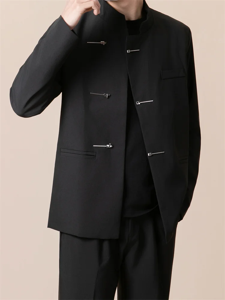 

New Chinese Sle Men's Jaet Spring Faion High-End Bla Suit Coat Metal Button Loose Fit Youth Trend Long Sve Stand C...