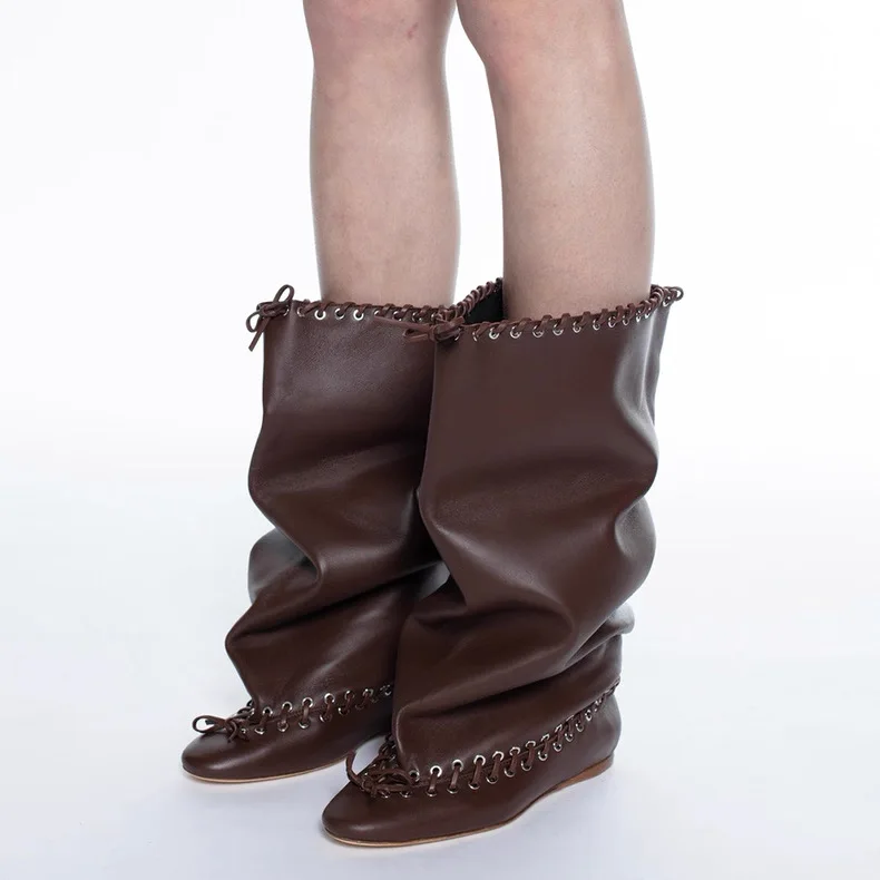 New Arrival Niche Avant-garde Women Lace Eyelet Knee High Boots Foldable Flat Leather Street Long Boots Free Shipping