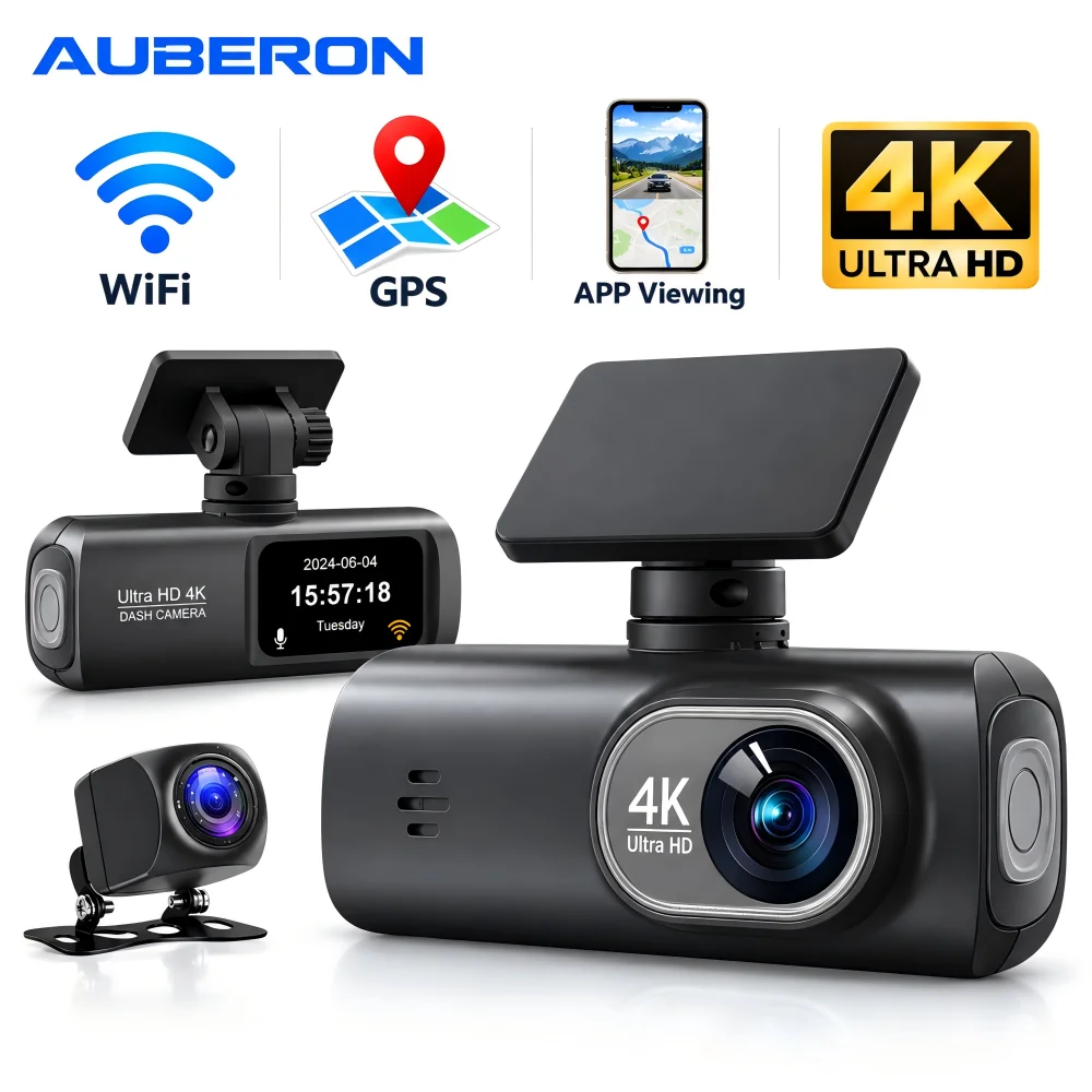 4K Dash Cam Vehicle Camera, WiFi Dual Lens Car DVR 1080P Rear Camera GPS 24H Parking Monitoring Black Box Driving Recorder