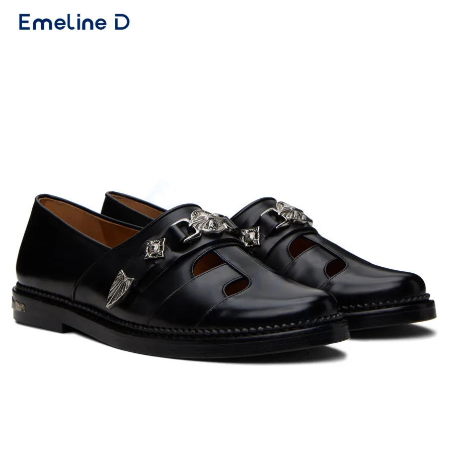 Metal Rivet Decorated Hollow Leather Shoes Personalized Round Toe Slip-On Thick Heel Casual Loafers Large Size Men's Shoes