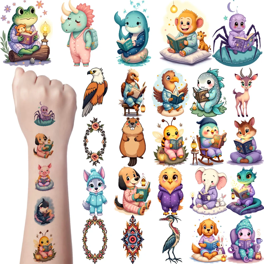 

54pcs Temporary Tattoo Cute Stickers Waterproof Long-lasting Body Stickers Reading Characters Animal Illustration For Arms