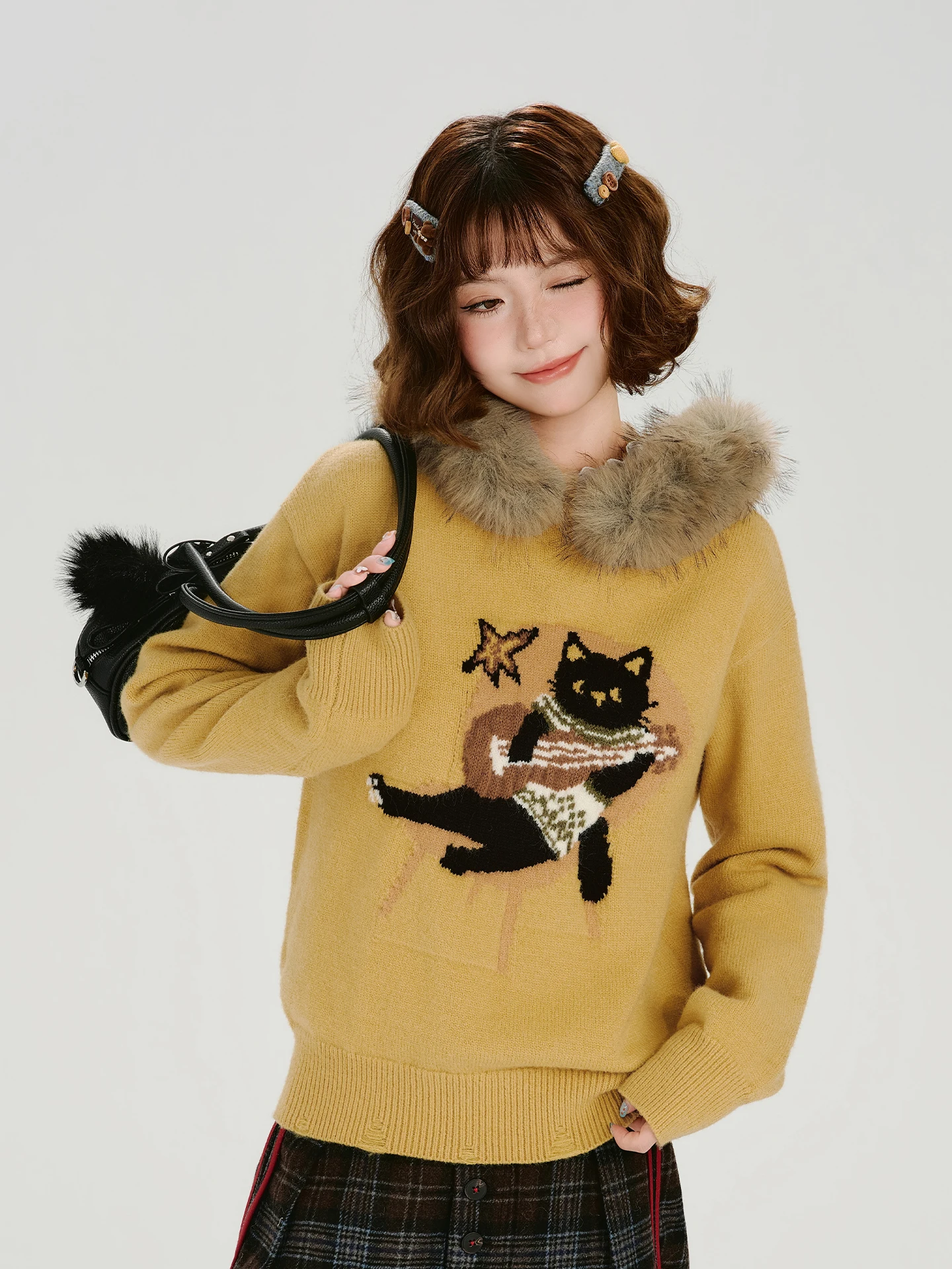 

Girly American Retro Knitted Yellow Fur Collar Hoodie Women's Loose Top for Autumn Winter New Sle Ladies Knitwear