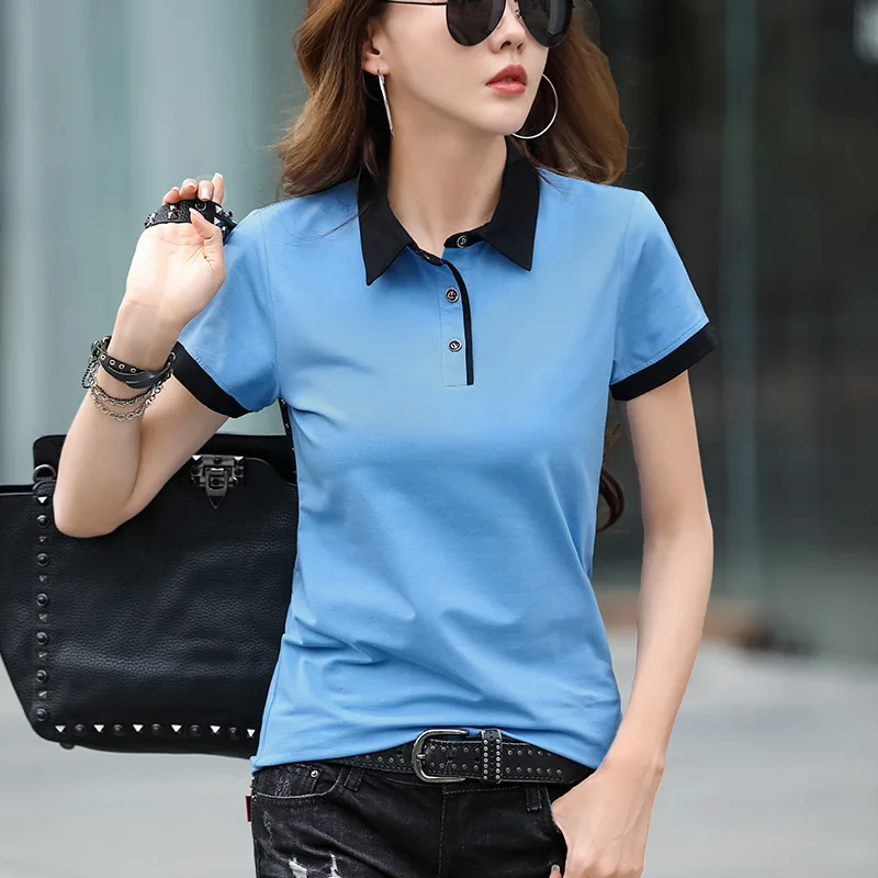 HI-FASHION 여성용 턴다운 칼라 반팔 티셔츠, 2022 슬림 캐주얼 오피스 여성 상의, 심플한 한국 스타일, 여름