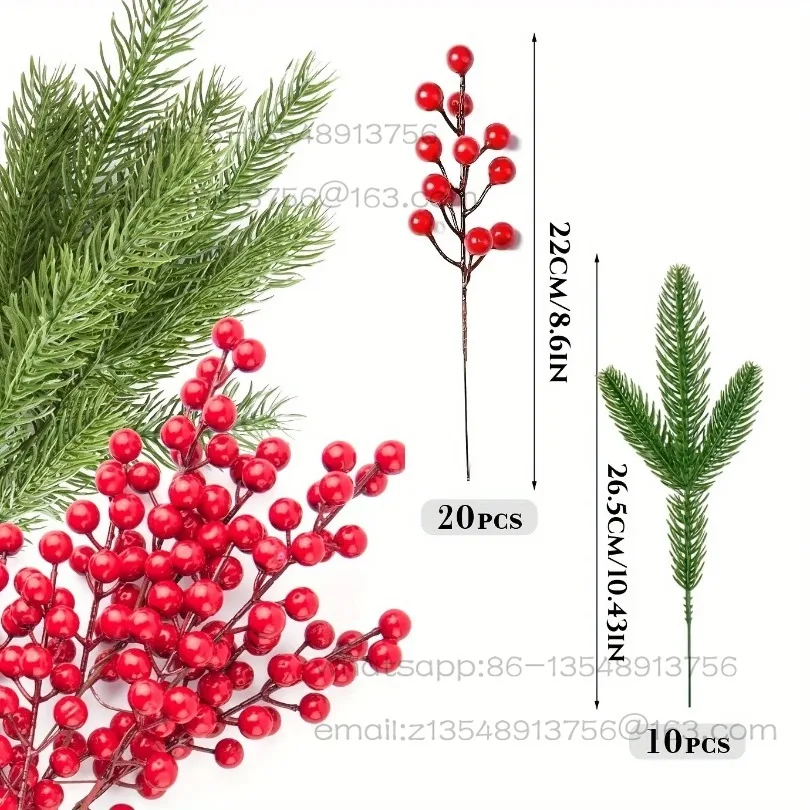 10 Christmas simulated pine branches, red fruit holly branches, Christmas tree wreath gift decoration accessories