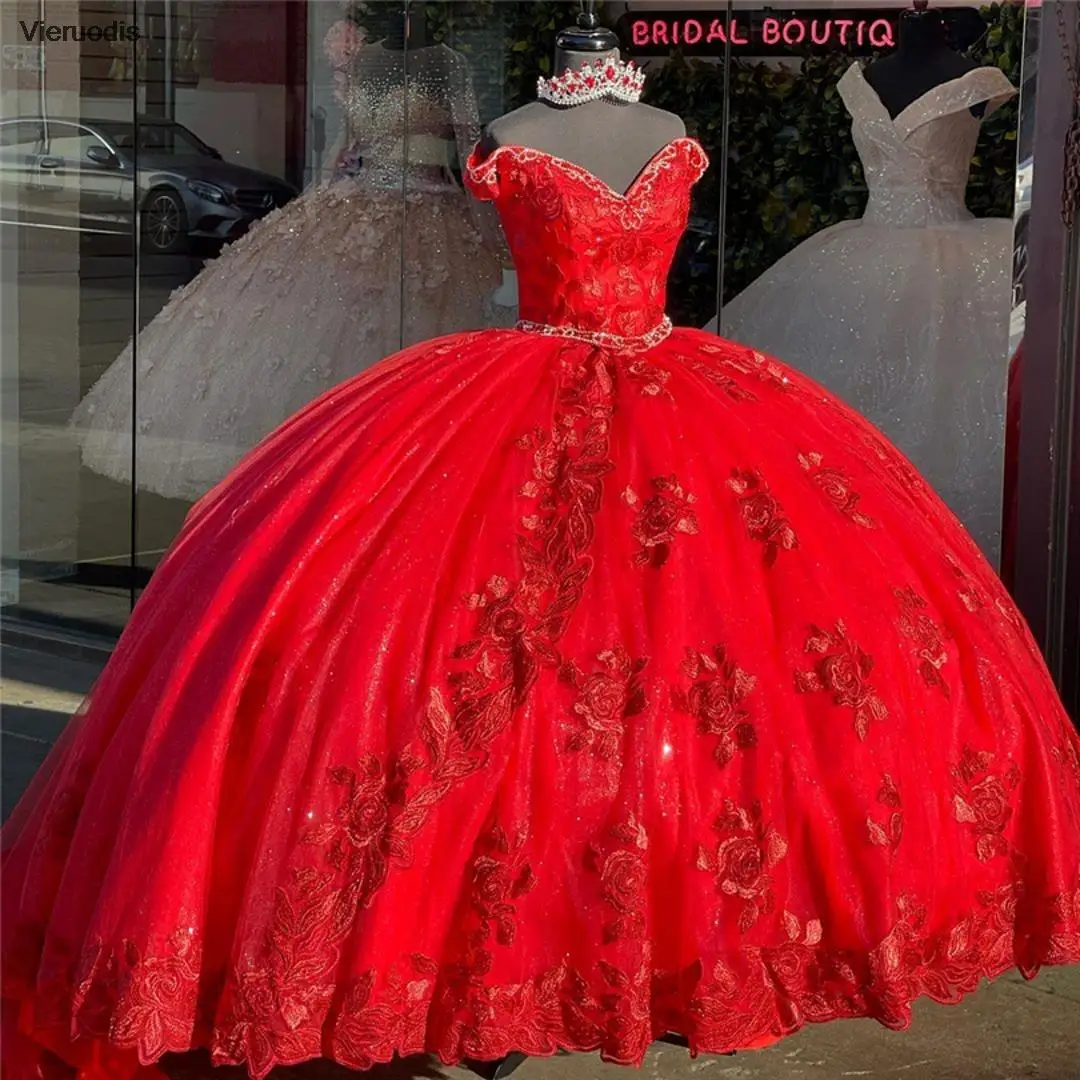 

2021 Red Quinceanera Dresses Off Shoulder Flower Applique Beads Ball Gown Bridal Boutique lace-up corset Sweet 15 16 Dresses XV