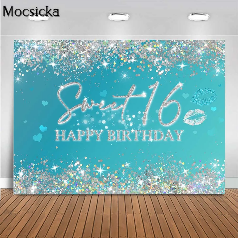 

Mocsicka Girl 16th Birthday Party Backdrop Sweet 16 Happy Birthday Tiffany Green Silver Sequin Photography Background Photoshoot