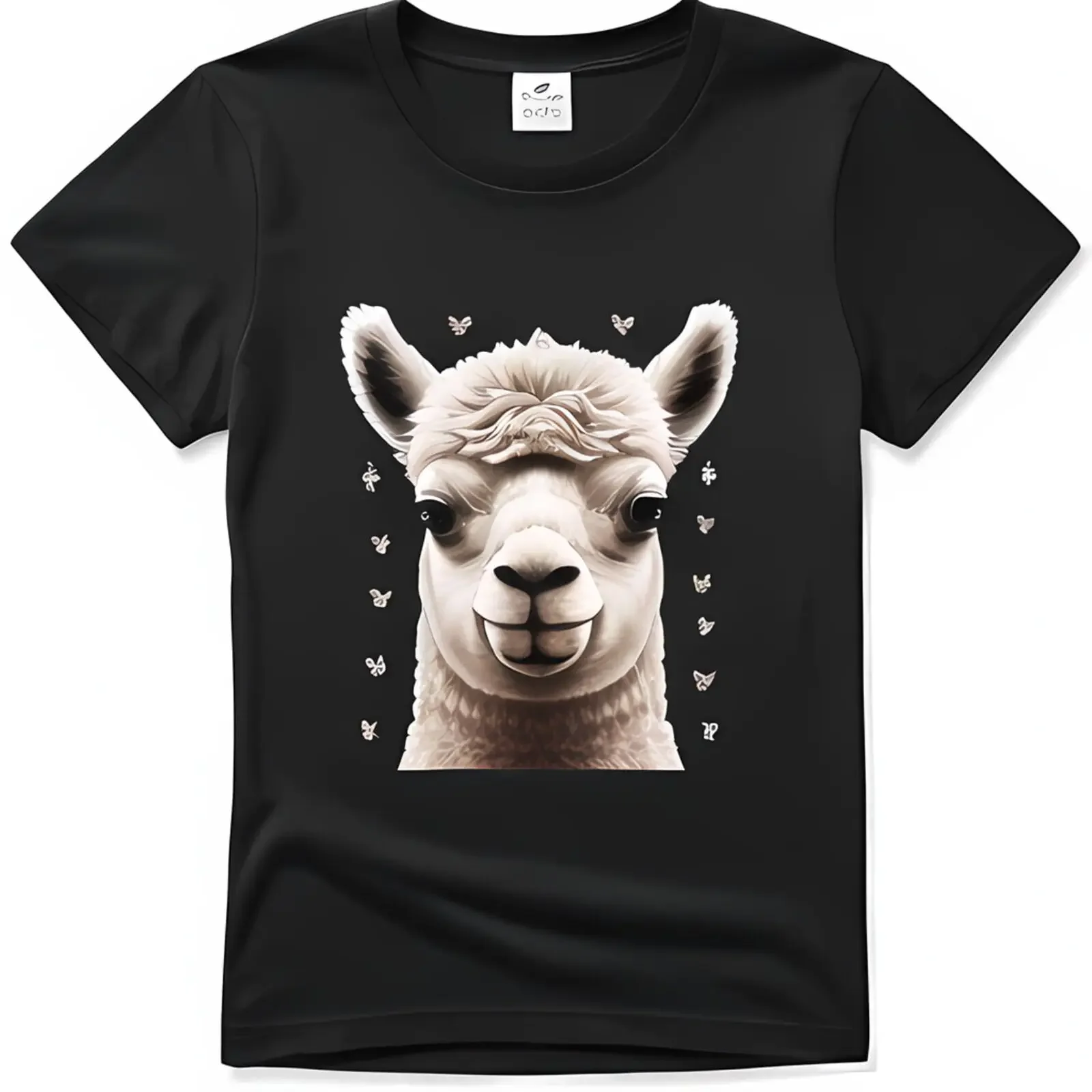 Black T-Shirt: Cute Alpaca Face in Skottie Charm Bright Colors Playful Cartoon