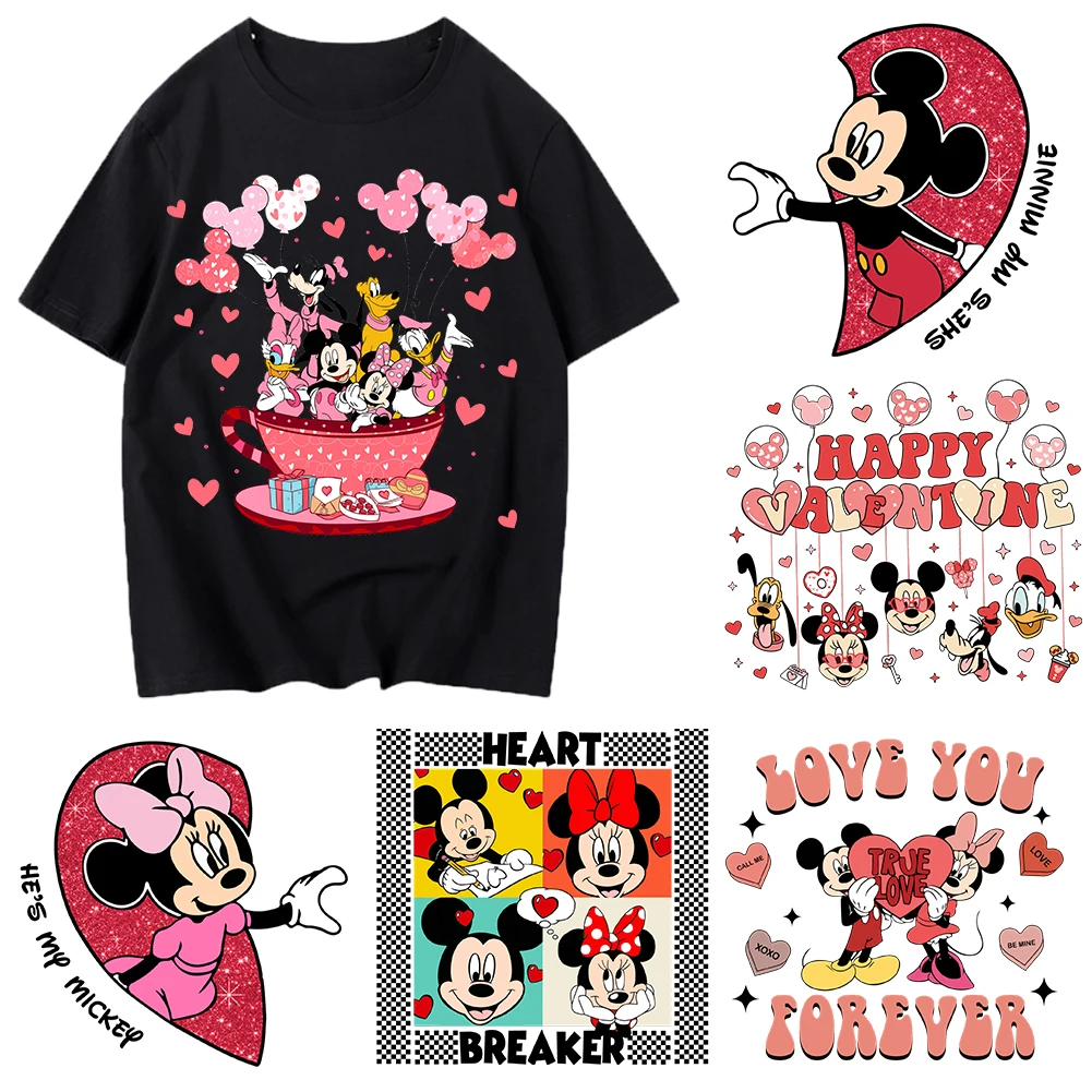 Valentine's Day Mickey  Iron On Heat Transfer Stickers For Clothes DTF Pinted Vinyl Thermal Appliques Washable T-Shirt Decal